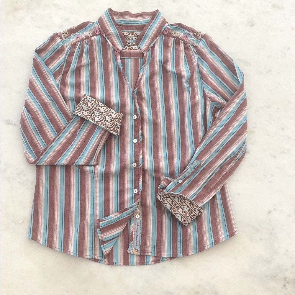 Robert Graham Womens Stripe Flip Cuff Western Floral Button Up Shirt M/L